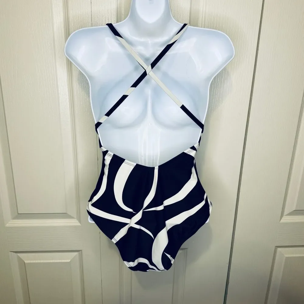 Anne Klein One Piece Abstract Bathing Suit Swimwear Size 10 Black White